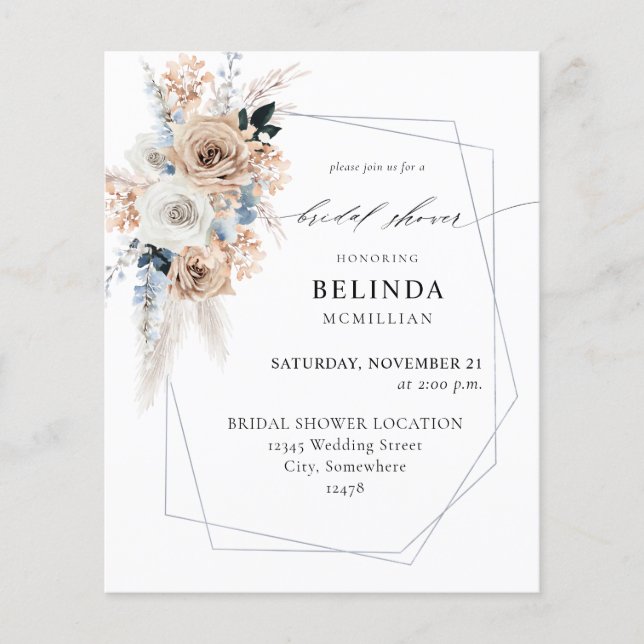 Flyer Ducha de novias florales Blue & Beige Boho Budget (Frente)