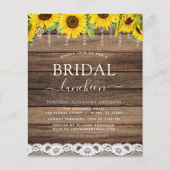 Flyer Ducha nupcial Luncheon Sunflower Rustic Farmhouse (Frente)