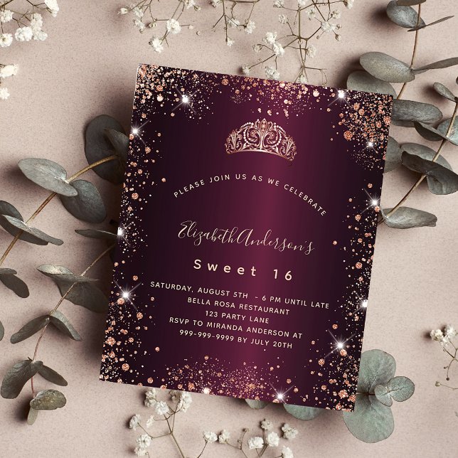 Flyer Dulce 16 burgundy rosa tiara invitación presupuest (Subido por el creador)