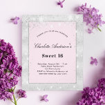 Flyer Dulce 16 fiesta presupuesto purpurina rosa platead<br><div class="desc">Tenga en cuenta que esta invitación está en papel de volante y es muy delgada. Los sobres no están incluidos. Para invitaciones más gruesas (el mismo diseño) visite nuestra tienda. Fondo falso plateado metálico y color rosa rubor decorado con polvo falso purpurina plateado. Personalice y agregue un nombre y detalles...</div>