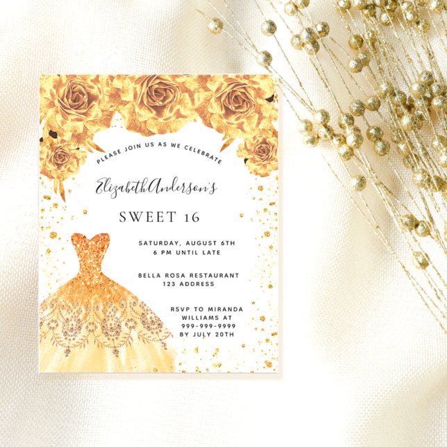 Flyer Dulce 16 vestido de oro invitación floral presupue (Subido por el creador)