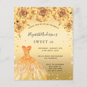 Flyer Dulce 16 vestido de oro invitación presupuesto flo