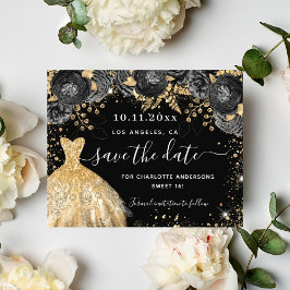 Flyer Dulce 16 vestido de oro negro presupuesto ahorrand