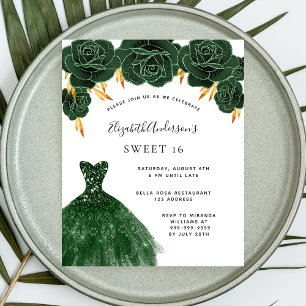 Flyer Dulce 16 vestido de oro verde esmeralda presupuest