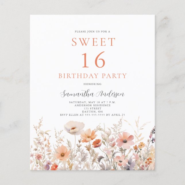 Flyer Dulce Floral Peach Budget 16 Invitación de cumplea (Frente)