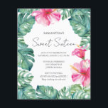 Flyer Dulce Presupuestario 16 Acuarela Floral Rosa Tropi<br><div class="desc">Esta invitación a los 16º cumpleaños de este presupuesto tropical incluye las palabras "Sweet Sixteen" (Dieciséis Dulces) en una elegante tipografía manuscrita con detalles del evento en un gris carbón clásico sobre un fondo blanco fresco. Diseñado con flores de color rosa color agua originales y hojas de palma de monstera...</div>