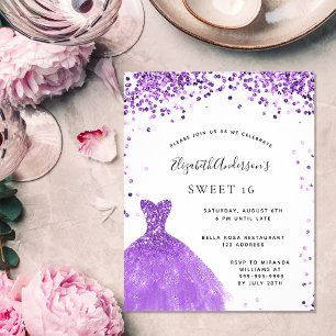 Flyer Dulces 16 vestido blanco violeta destellos presupu