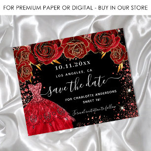 Flyer Dulces 16 vestido negro rojo presupuesto guardar l