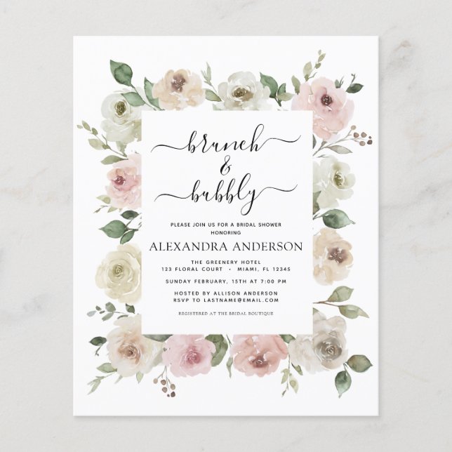 Flyer Duste presupuesto Brunch rosado y ducha Bubbly Bri (Frente)