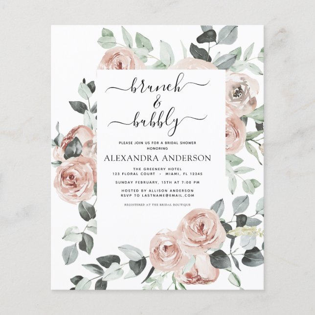 Flyer Duste presupuesto Brunch rosado y ducha Bubbly Bri (Frente)