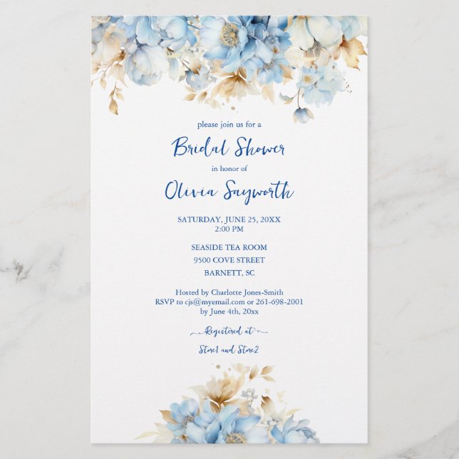 Flyer Duste presupuesto Floral Azul ducha de novia (Frente)