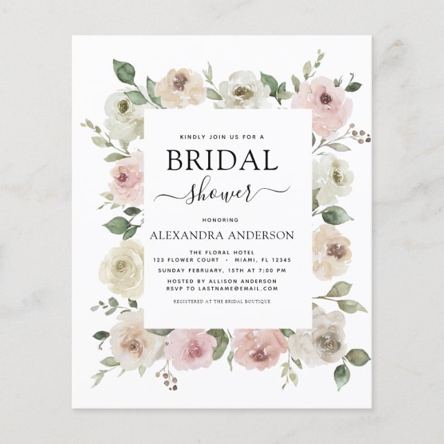 Flyer Duste Rosa de presupuesto Floral de ducha de novia (Frente)