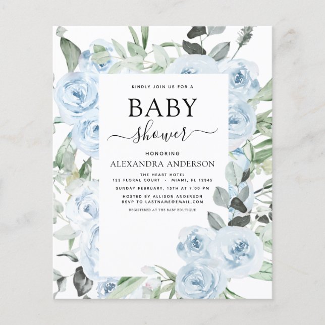 Flyer Dusty Blue Baby Shower Floral Greeneration (Frente)