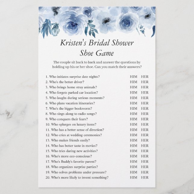 Flyer Dusty Blue Floral Boda Bridal Shower ShoGame (Frente)
