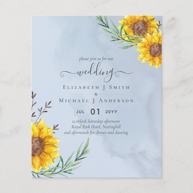 Flyer Dusty Blue Sage Sunflowers Rustic Boho Boda (Frente)