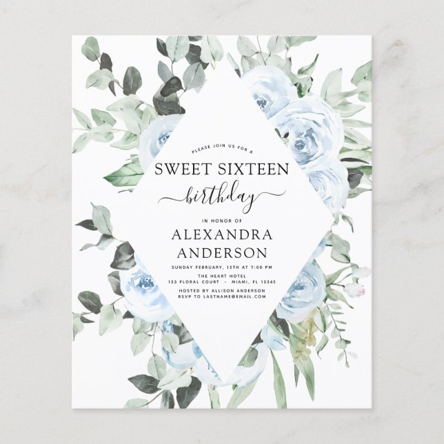 Flyer Dusty Blue Sweet 16 cumpleaños (Frente)
