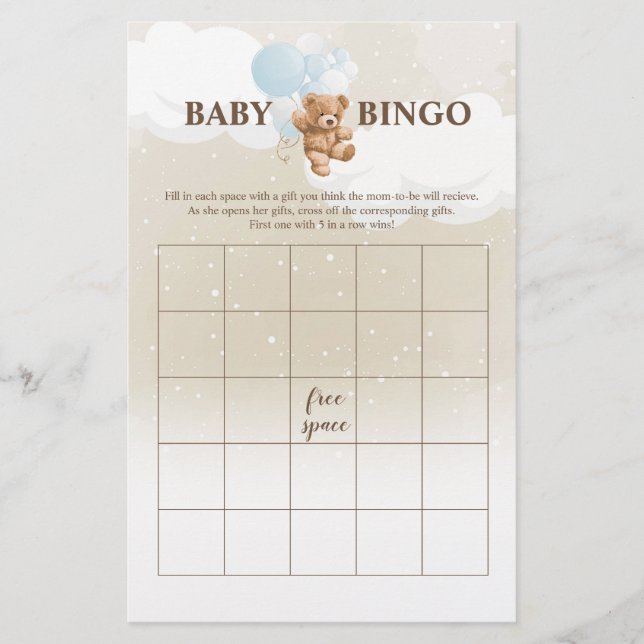 Flyer Dusty Blue Teddy Bear BINGO Baby Shower Games (Frente)