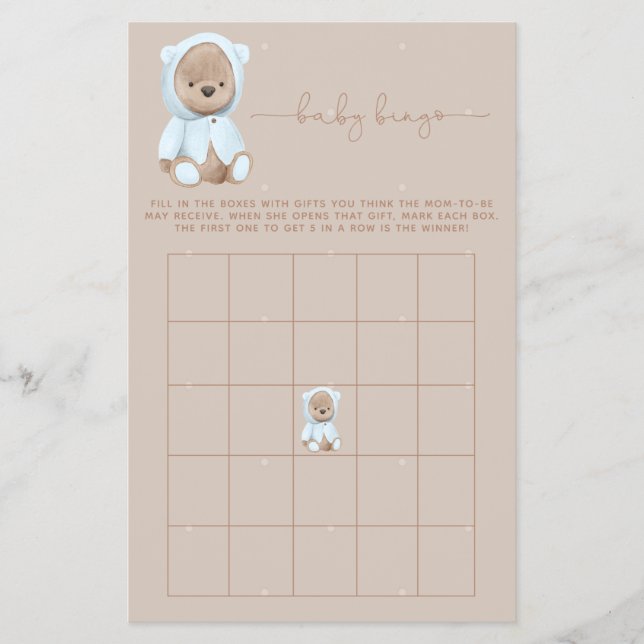 Flyer Dusty Blue Teddy Bear Juego de Bingo Baby Shower (Frente)