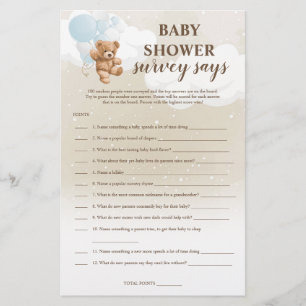Flyer Dusty Blue Teddy Bear Survey dice juego de Baby Sh