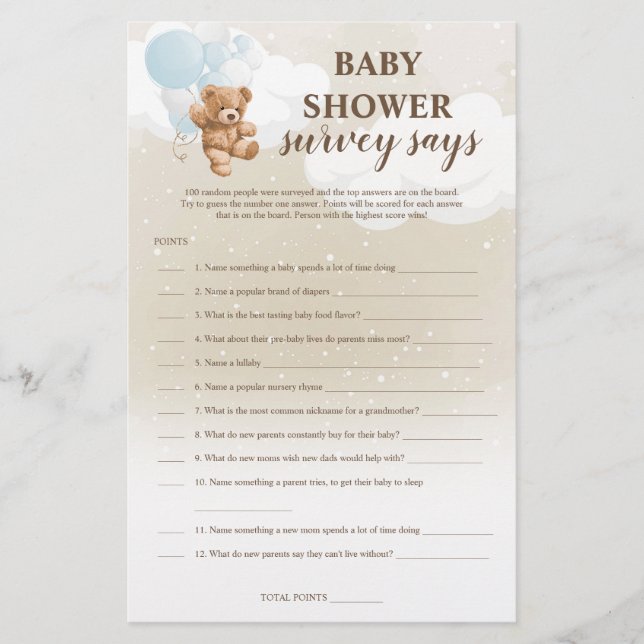Flyer Dusty Blue Teddy Bear Survey dice juego de Baby Sh (Frente)