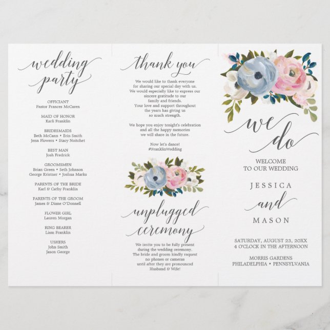 Flyer Dusty Floral Tri-Fold Wedding Program (Frente)