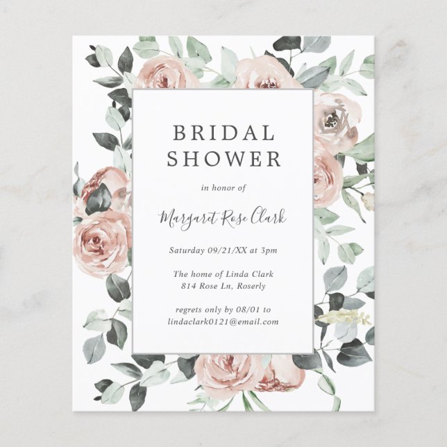 Flyer Dusty Rosa Floral Presupuesto Bridal Shower Invita (Frente)