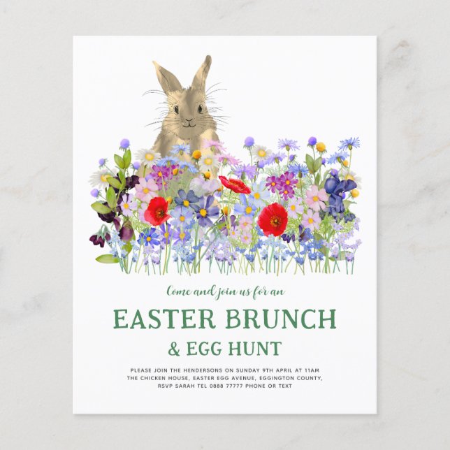 Flyer Easter Brunch Egg Hunt Bunny Floral Budget (Frente)