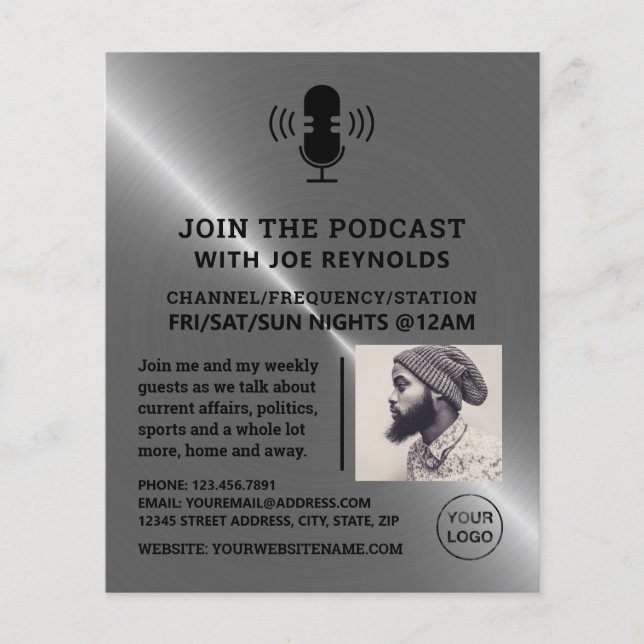 Flyer Efecto Metalizado plateado, Podcaster, Podcast (Frente)