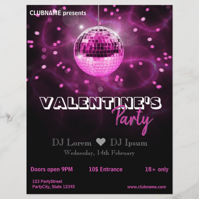 Flyer El día de San Valentín Pink Disco Ball Fiesta Flye (Frente)