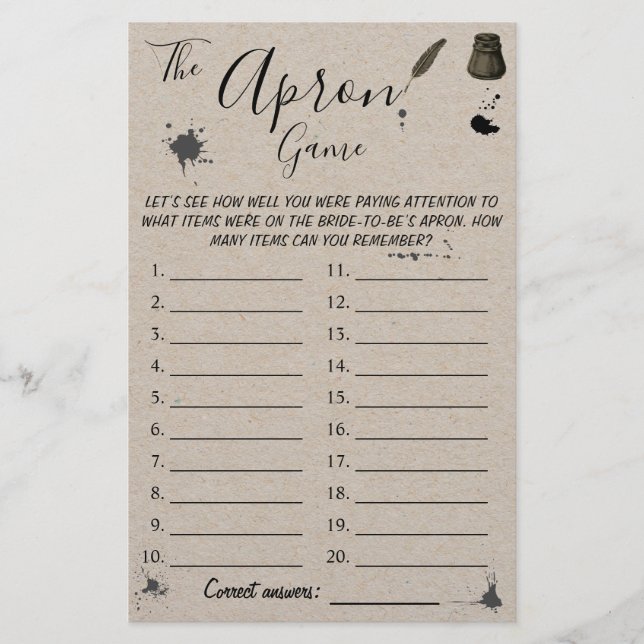 Flyer El juego Apron | Tarjeta de juego Pen & Inkwell Sh (Frente)