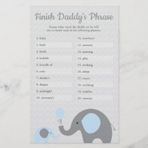 Flyer Elefante azul Baby Shower Finalizar la frase de pa