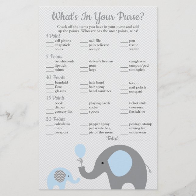 Flyer Elefante azul Baby Shower ¿Qué hay en tu bolso? (Frente)
