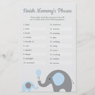 Flyer Elefante azul Baby Shower termina la frase de mamá