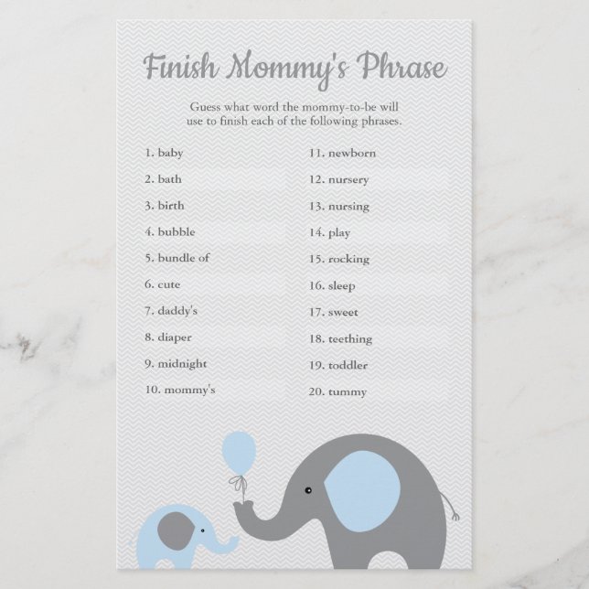 Flyer Elefante azul Baby Shower termina la frase de mamá (Frente)