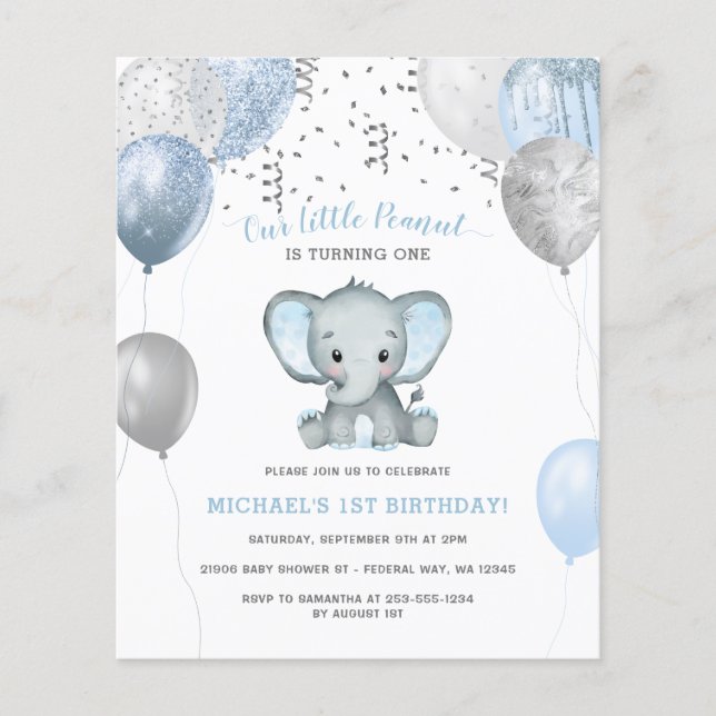 Flyer Elefante de niño barato Balón Primer cumpleaños (Frente)