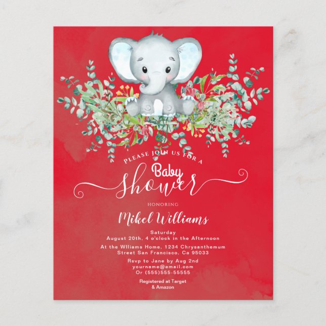 Flyer Elefante Floral Eucalyptus Invitaciones a la ducha (Frente)