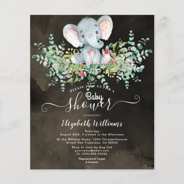 Flyer Elefante Floral Eucalyptus Invitaciones a la ducha (Frente)