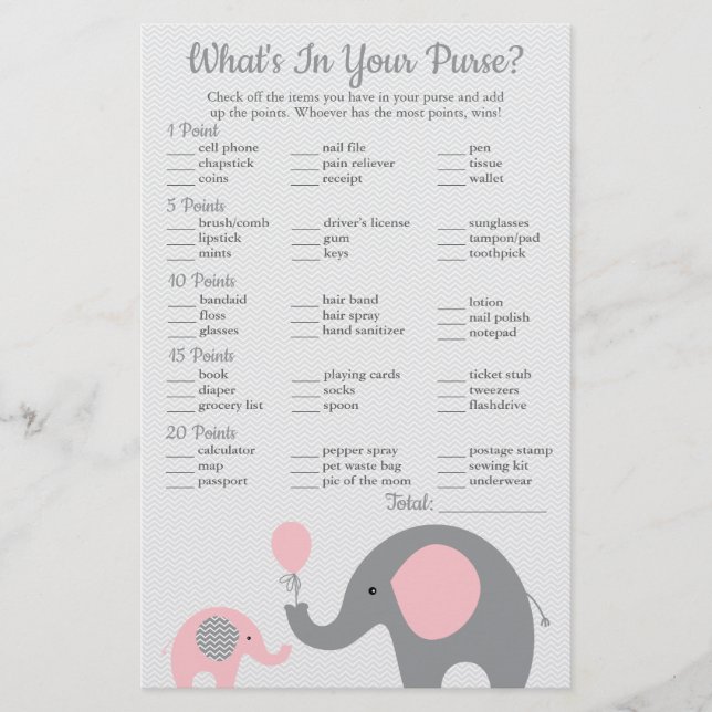 Flyer Elefante rosa Baby Shower ¿qué hay en tu bolso? (Frente)