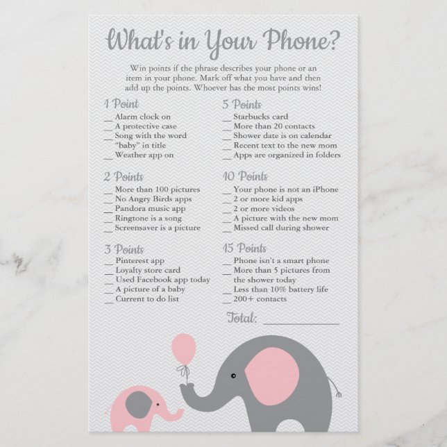 Flyer Elefante rosa Baby Shower ¿Qué hay en tu teléfono? (Frente)