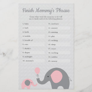 Flyer Elefante rosa Baby Shower termina la frase de mamá
