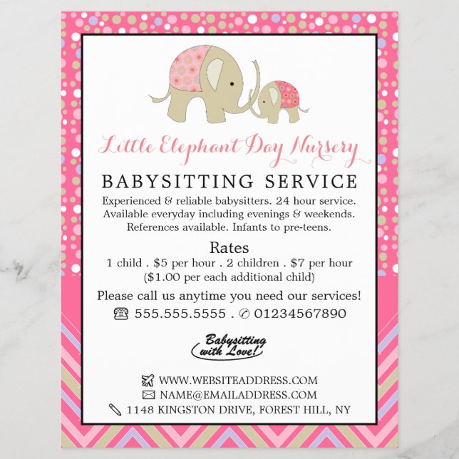 Flyer Elefante Rosa Boho, niñera, guardería, guardería (Frente)