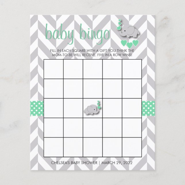 Flyer Elefante verde dulce y gris 🐘 Bingo Baby Shower (Frente)