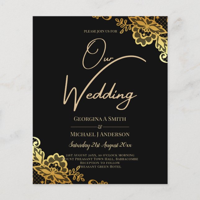 Flyer Elegant Black Gold Lace Modern Wedding  (Frente)