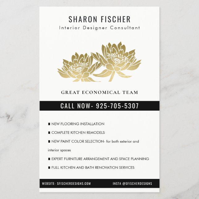 Flyer Elegant Formal Faux Gold Lotus Floral Business (Frente)