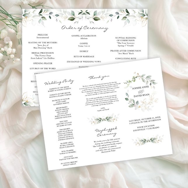 Flyer Elegant Greenery Gold Tri+Fold Wedding Program (Subido por el creador)