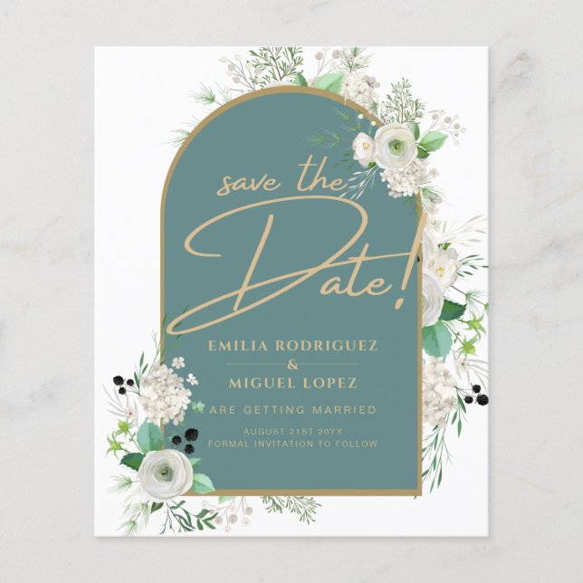 Flyer Elegant White Roses Sea Glass Arch Save Date (Frente)