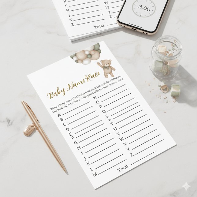 Flyer Elegant Woodland Theme Baby Name Race Shower Game (Subido por el creador)