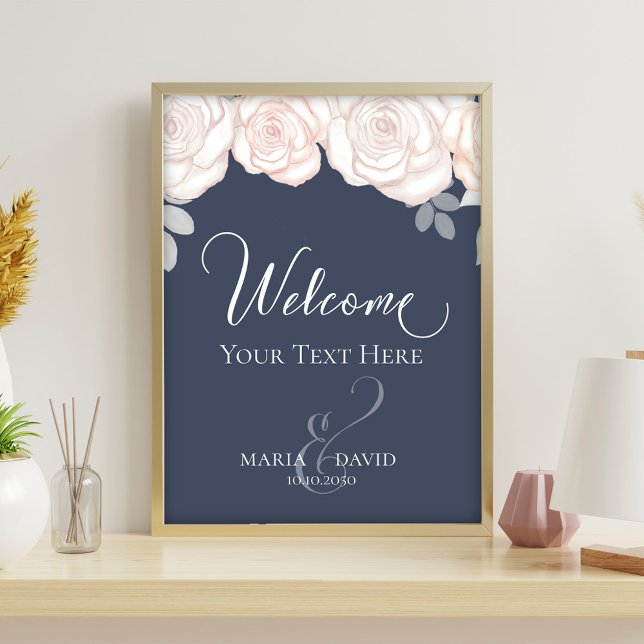 Flyer Elegante Bienvenida Boda Crea Tu Propia Slate Blue (Dusty blue wedding welcome sign with blush roses and elegant calligraphy script design.)