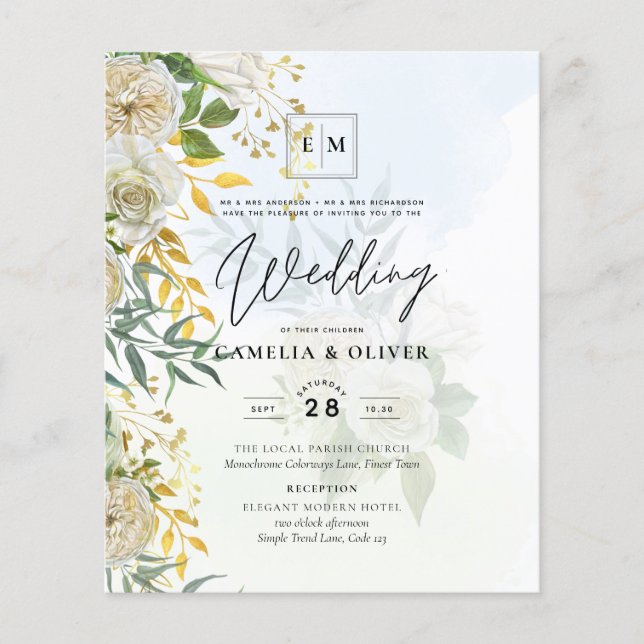 Flyer Elegante Boda botánico de rosas blancas todo en 1 (Frente)