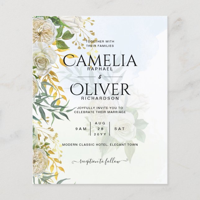 Flyer Elegante Boda botánico de rosas blancas todo en 1 (Frente)